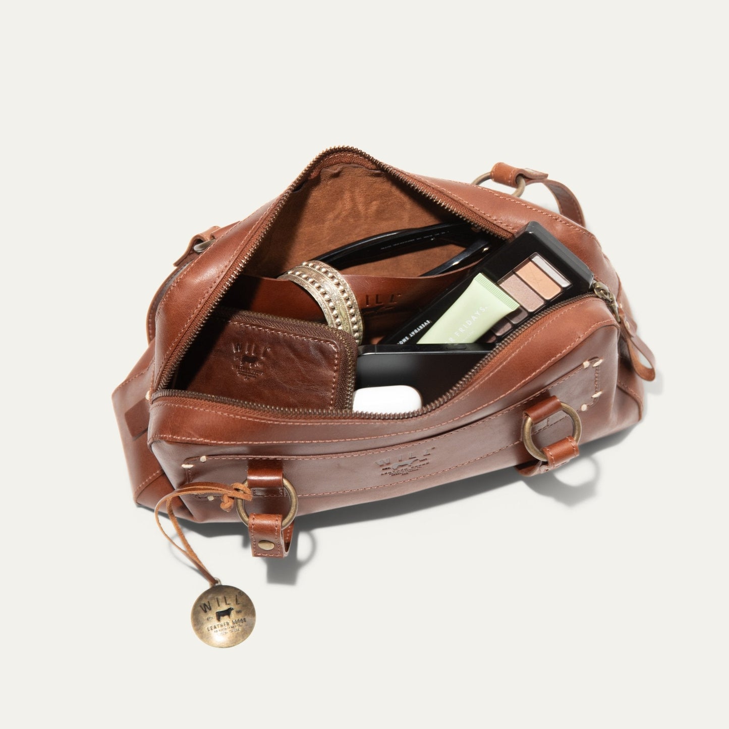 Simple Mini Double Handle Shoulder bag Will Leather Goods brown leather with makeup palette on Tampa Home & Garden Store