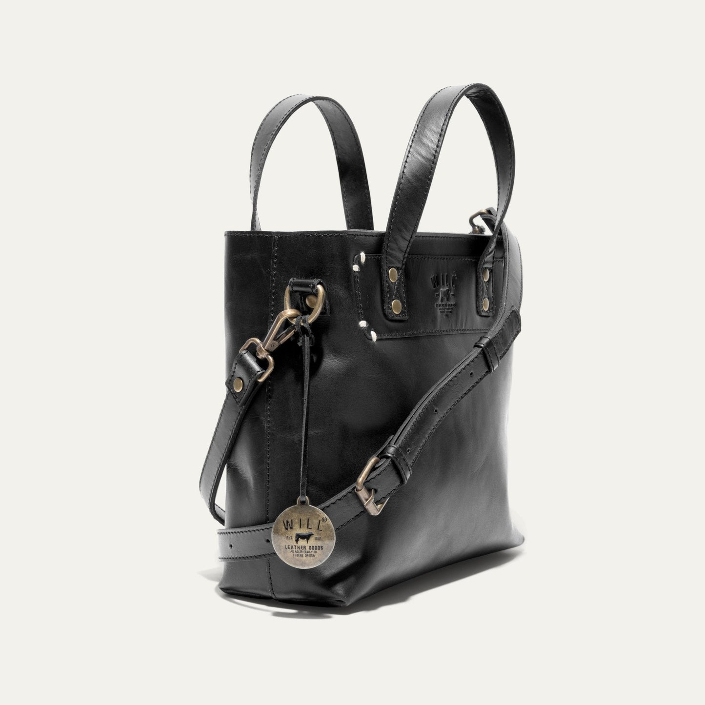 Simple Mini Satchel by Will Leather Goods, black leather with brass hardware and adjustable strap on Tampa Home & Garden Store