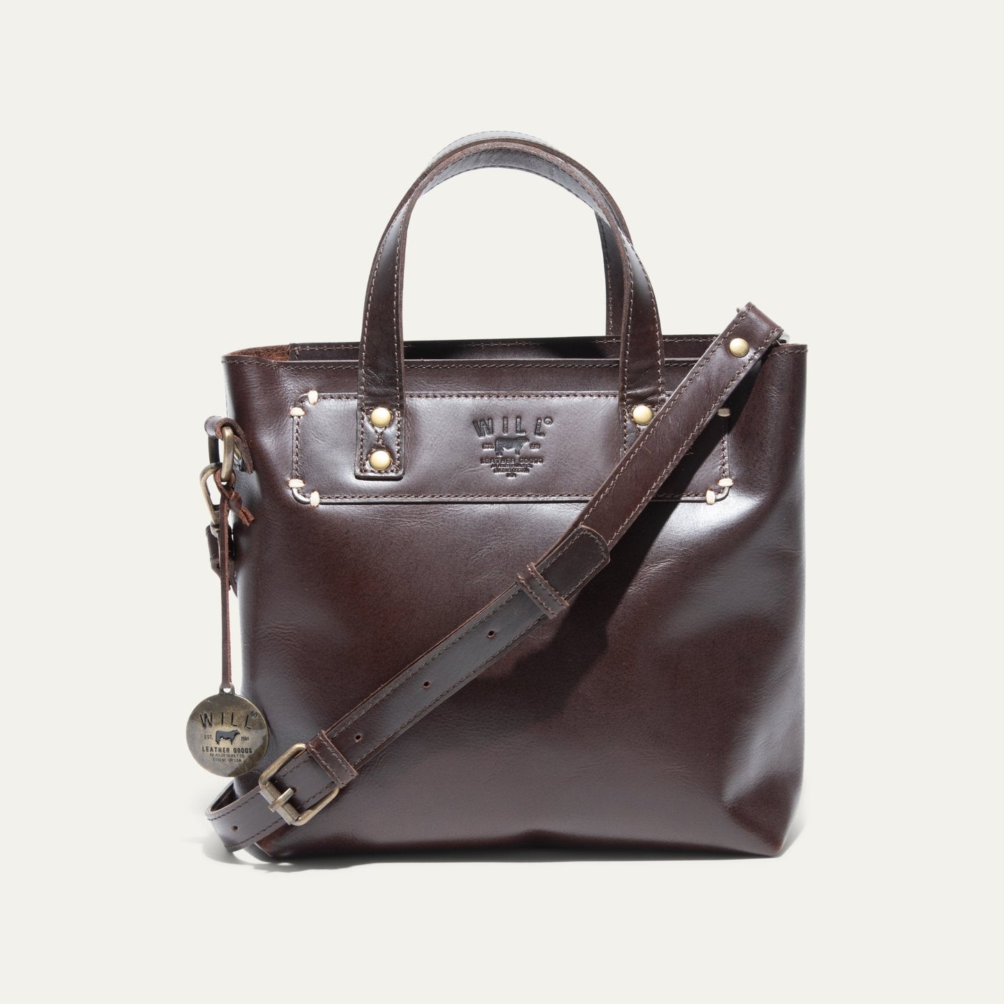 Simple Mini Satchel by Will Leather Goods in brown leather with handles and crossbody strap on Tampa Home & Garden Store