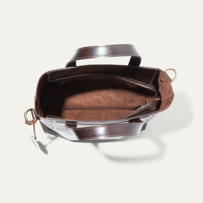 Simple Mini Satchel bag in dark brown leather with top handle and brass hardware on Tampa Home & Garden Store