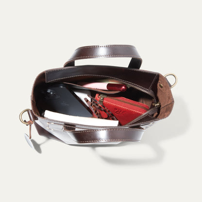 Simple Mini Satchel brown leather bag by Will Leather Goods open with phone and lipstick inside on Tampa Home & Garden Store