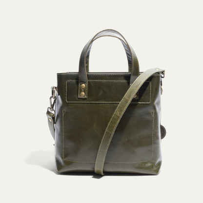 Simple Mini Satchel in olive leather with top handles and strap on Tampa Home & Garden Store