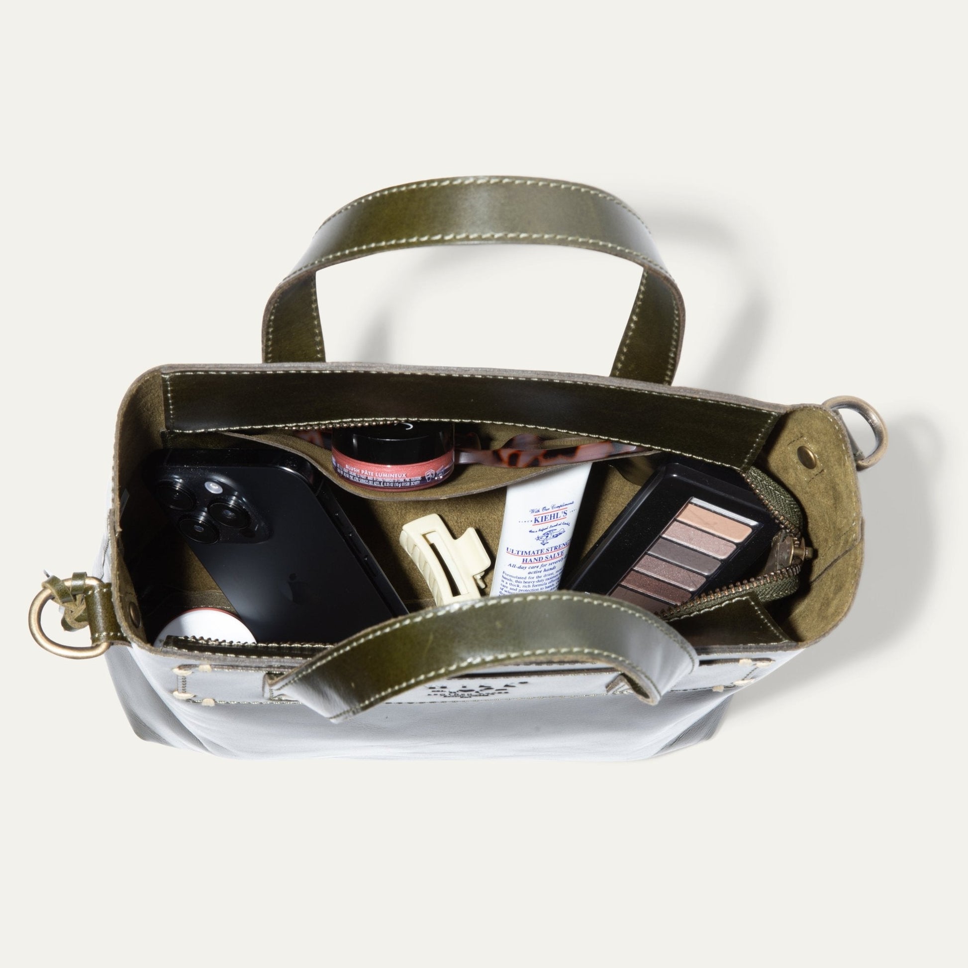 Simple Mini Satchel by Will Leather Goods in olive leather with white stitching on Tampa Home & Garden Store