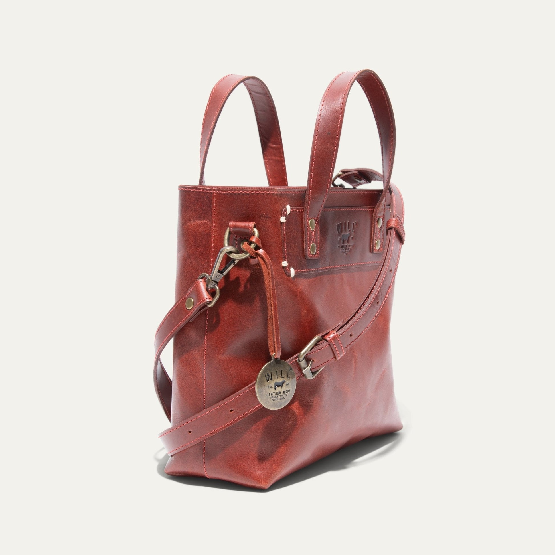 Simple Mini Satchel by Will Leather Goods in red leather with handles and brass hardware on Tampa Home & Garden Store