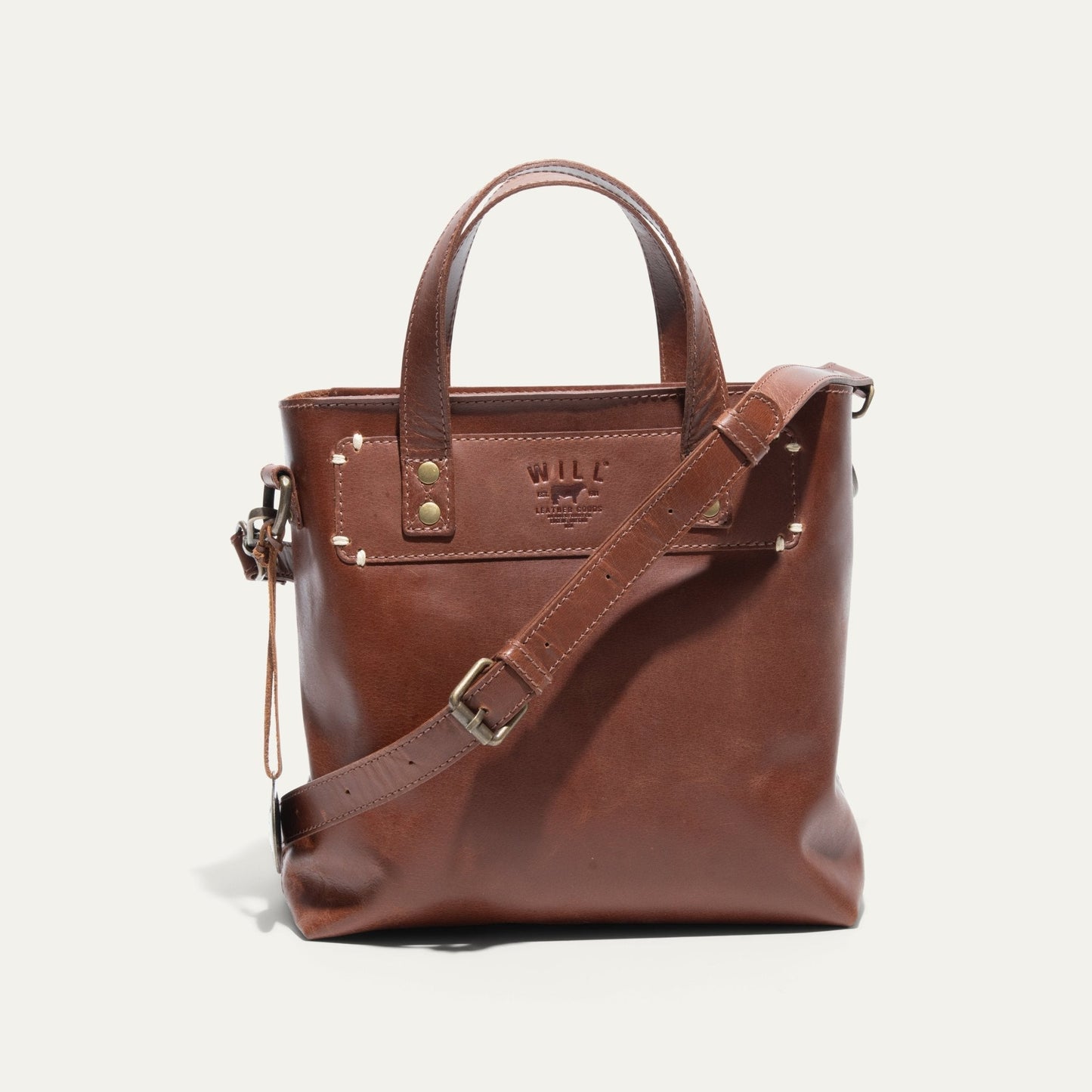 Simple Mini Satchel by Will Leather Goods, brown leather with stitching and brass hardware on Tampa Home & Garden Store