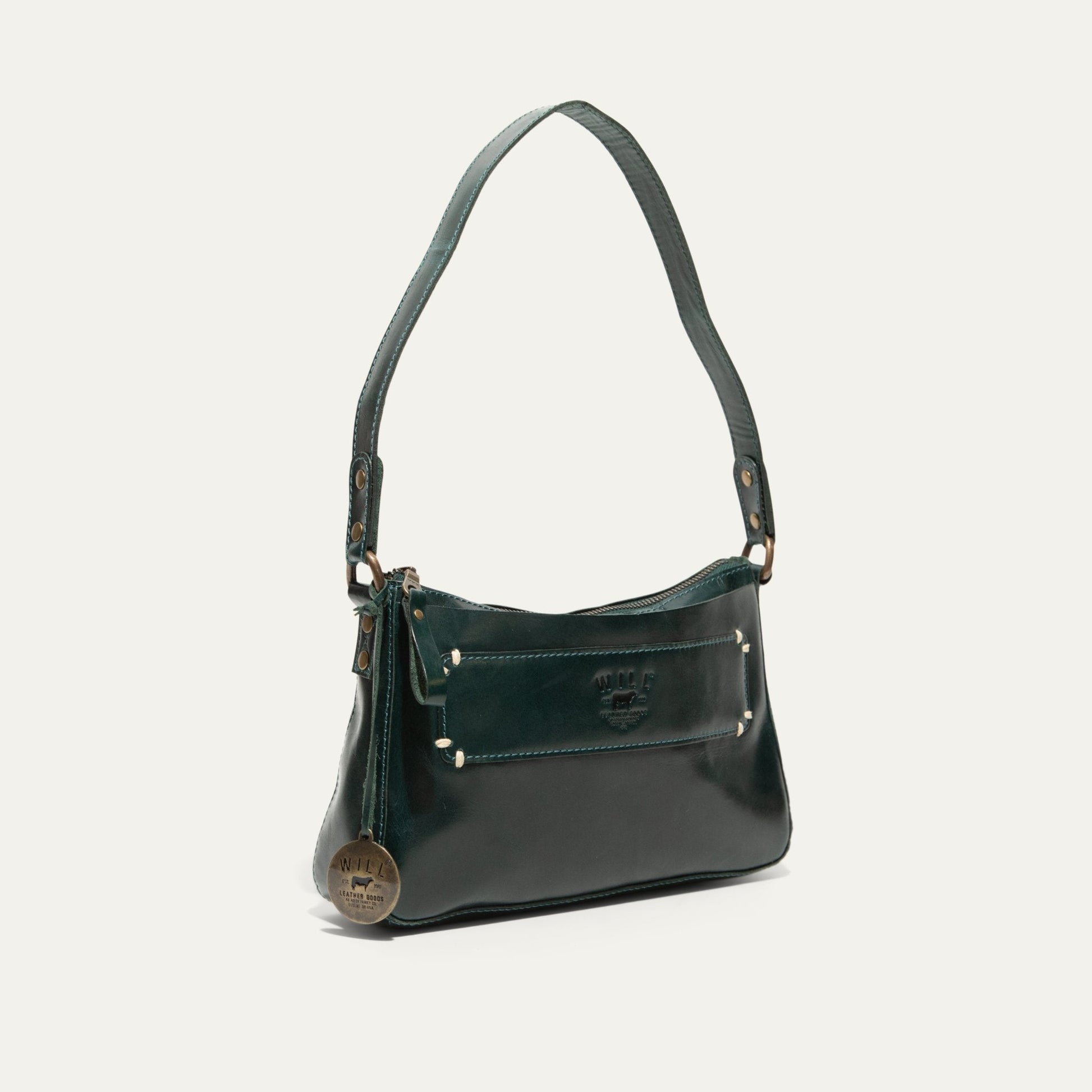 Simple Mini Top Zip Shoulder bag dark green leather with front pocket and adjustable strap on Tampa Home & Garden Store