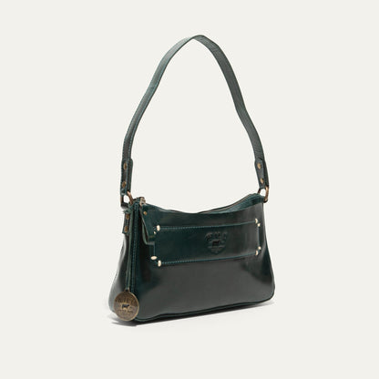 Simple Mini Top Zip Shoulder bag dark green leather with front pocket and adjustable strap on Tampa Home & Garden Store
