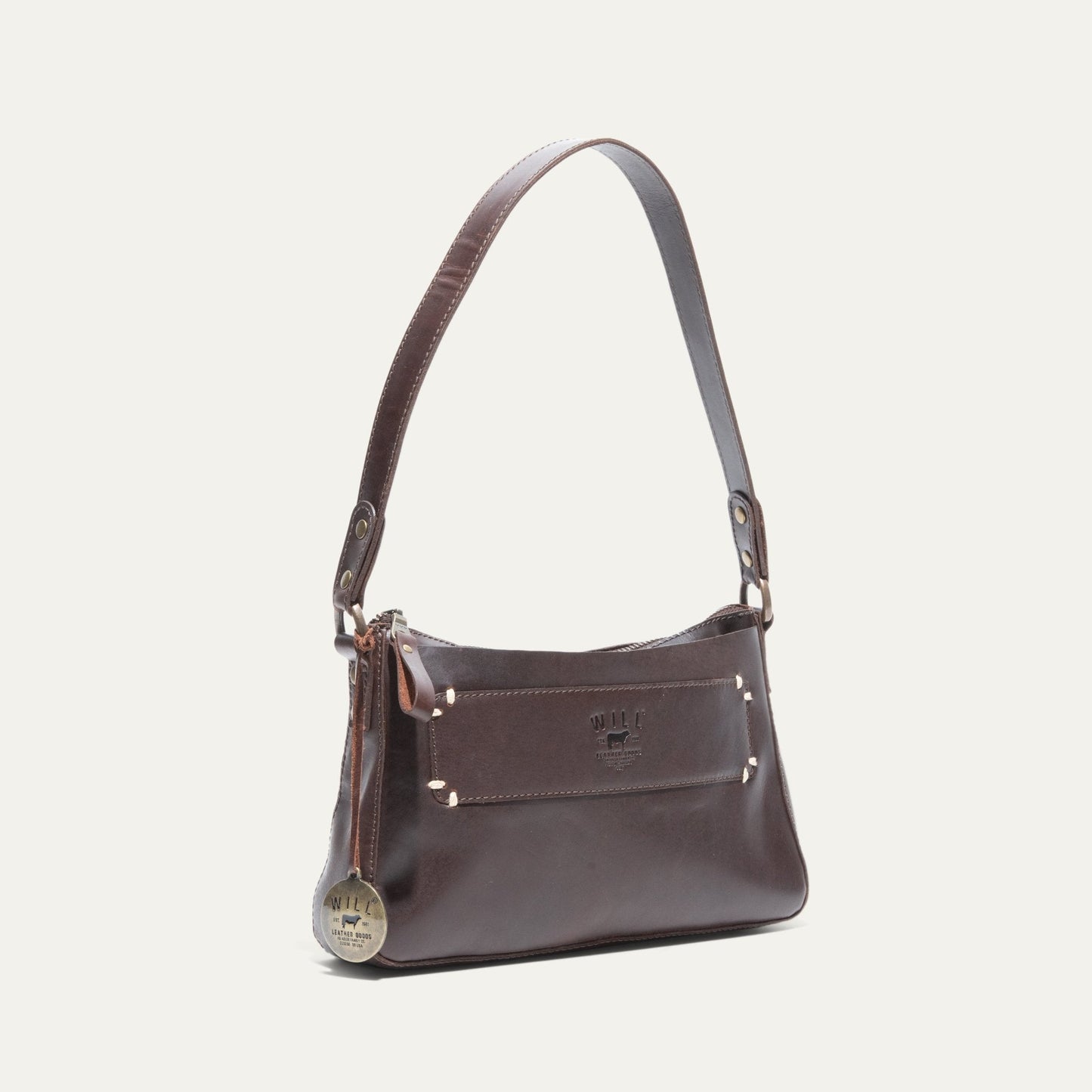 Will Leather Goods Simple Mini Top Zip Shoulder bag in dark brown leather with a two-tone strap on Tampa Home & Garden Store