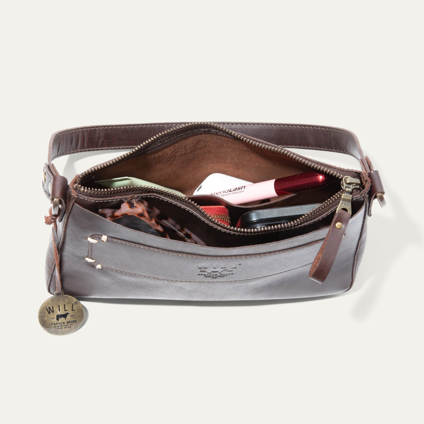 Simple Mini Top Zip Shoulder bag by Will Leather Goods in brown leather, partially open on Tampa Home & Garden Store