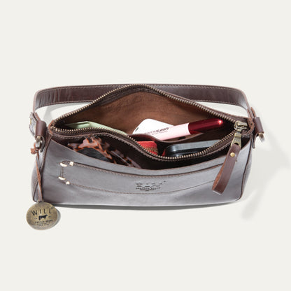 Simple Mini Top Zip Shoulder bag by Will Leather Goods in brown leather, partially open on Tampa Home & Garden Store