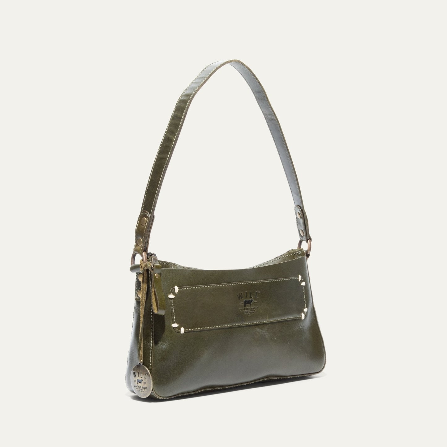 Will Leather Goods Simple Mini Top Zip Shoulder bag in olive leather with front pocket on Tampa Home & Garden Store