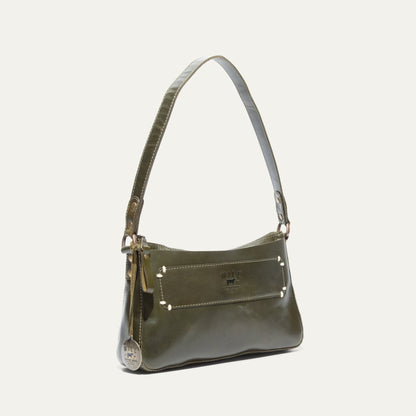 Will Leather Goods Simple Mini Top Zip Shoulder bag in olive leather with front pocket on Tampa Home & Garden Store