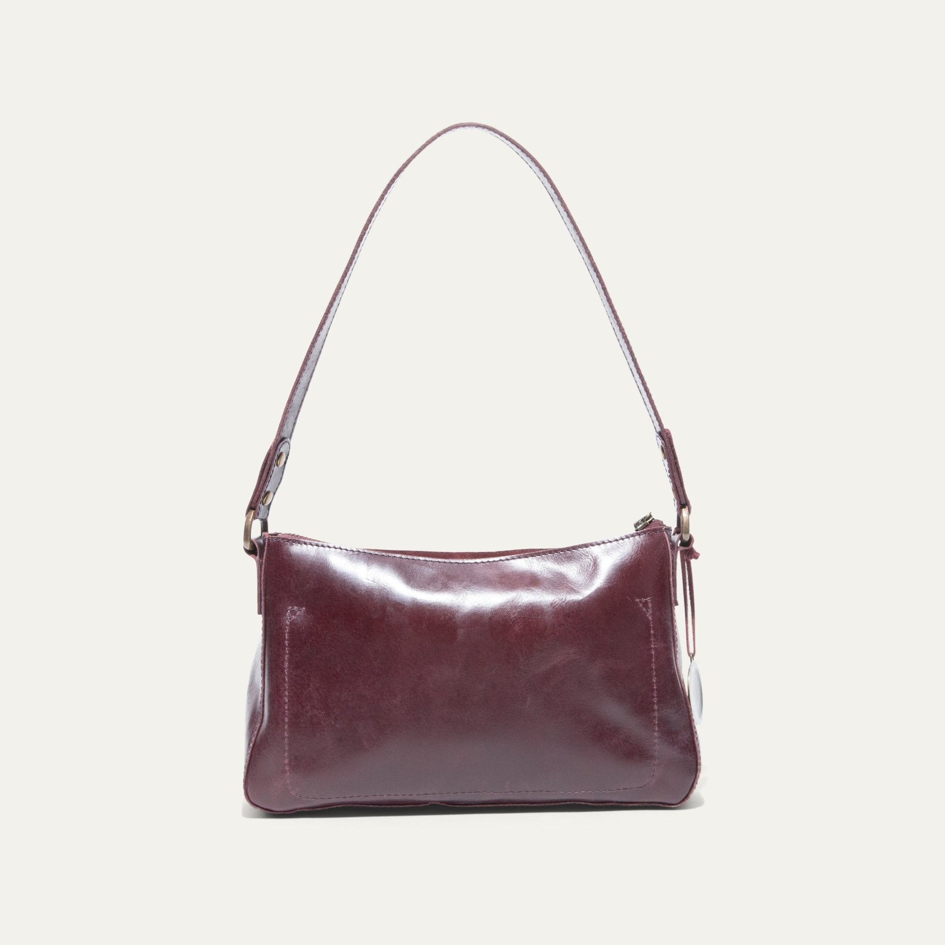 Simple Mini Top Zip Shoulder bag in burgundy leather with adjustable strap and brass hardware on Tampa Home & Garden Store