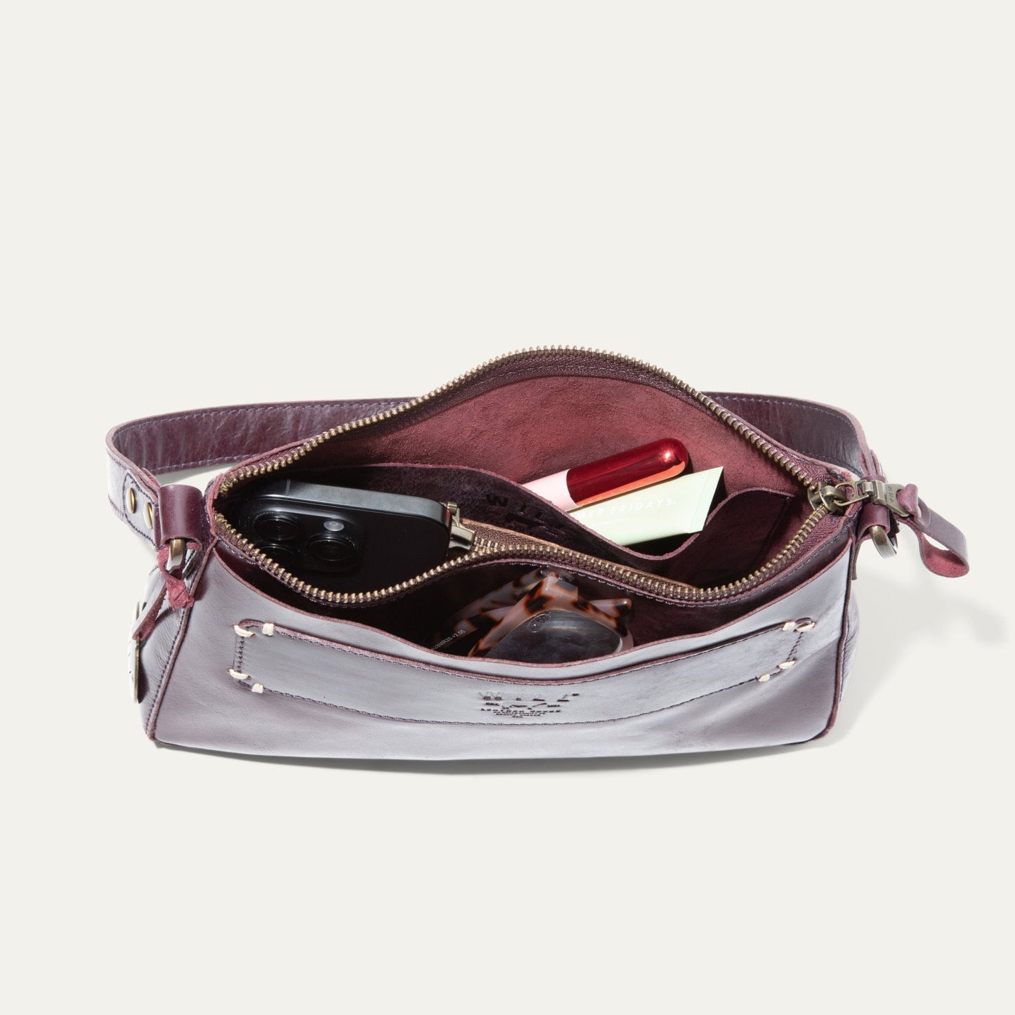 Will Leather Goods Simple Mini Top Zip Shoulder bag burgundy leather with open interior on Tampa Home & Garden Store