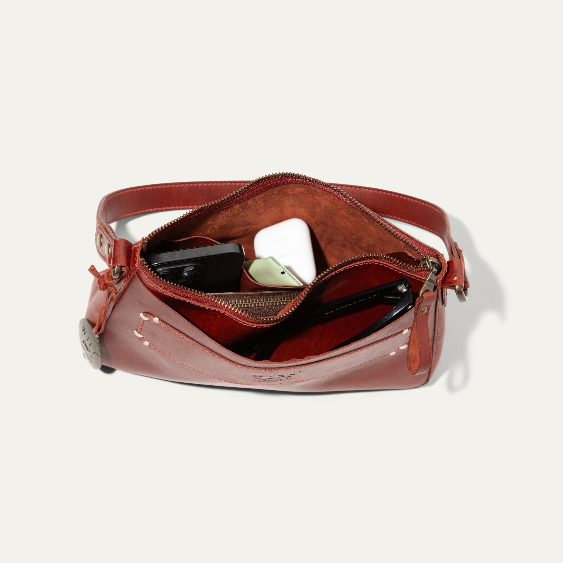 Simple Mini Top Zip Shoulder bag by Will Leather Goods in red leather with organized interior on Tampa Home & Garden Store