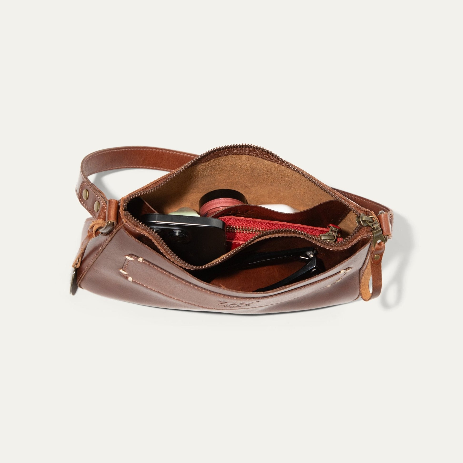 Simple Mini Top Zip Shoulder bag in brown leather by Will Leather Goods with storage on Tampa Home & Garden Store