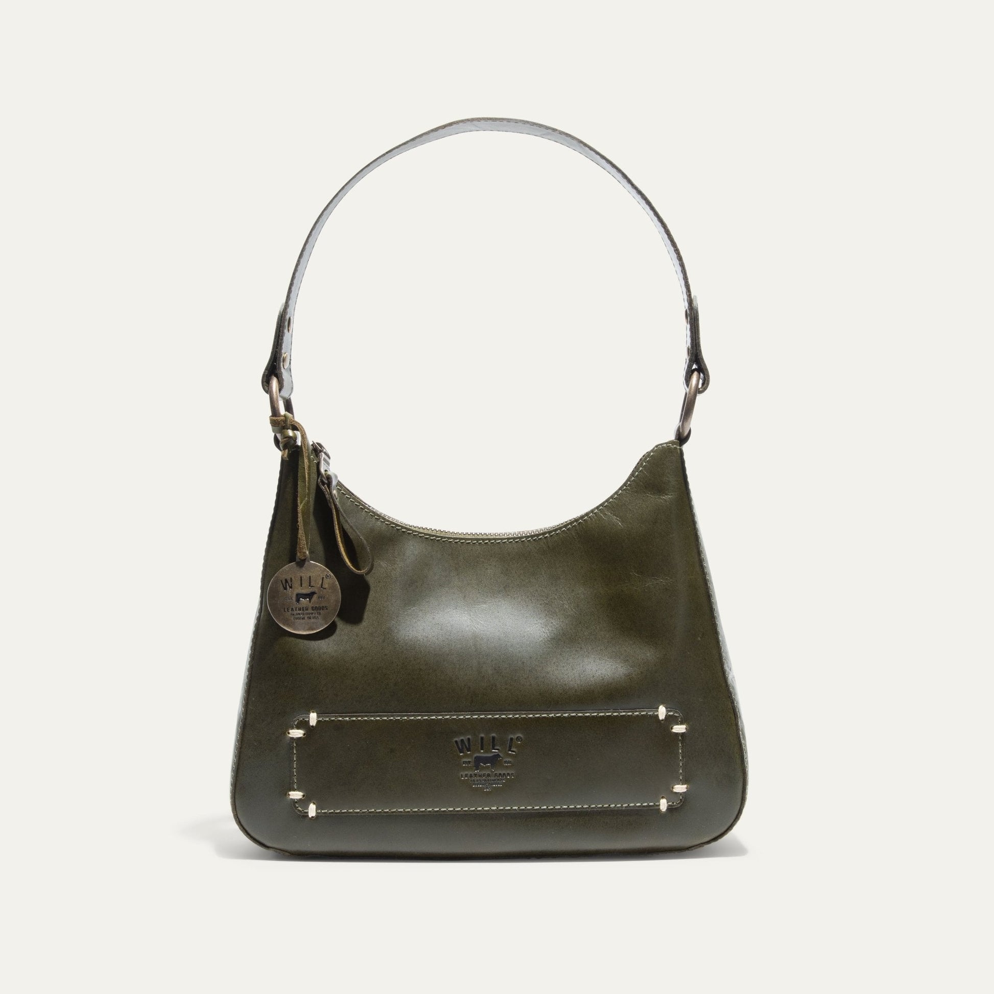 Will Leather Goods Simple Mini Hobo Shoulder bag in dark olive leather with front stitch detail on Tampa Home & Garden Store