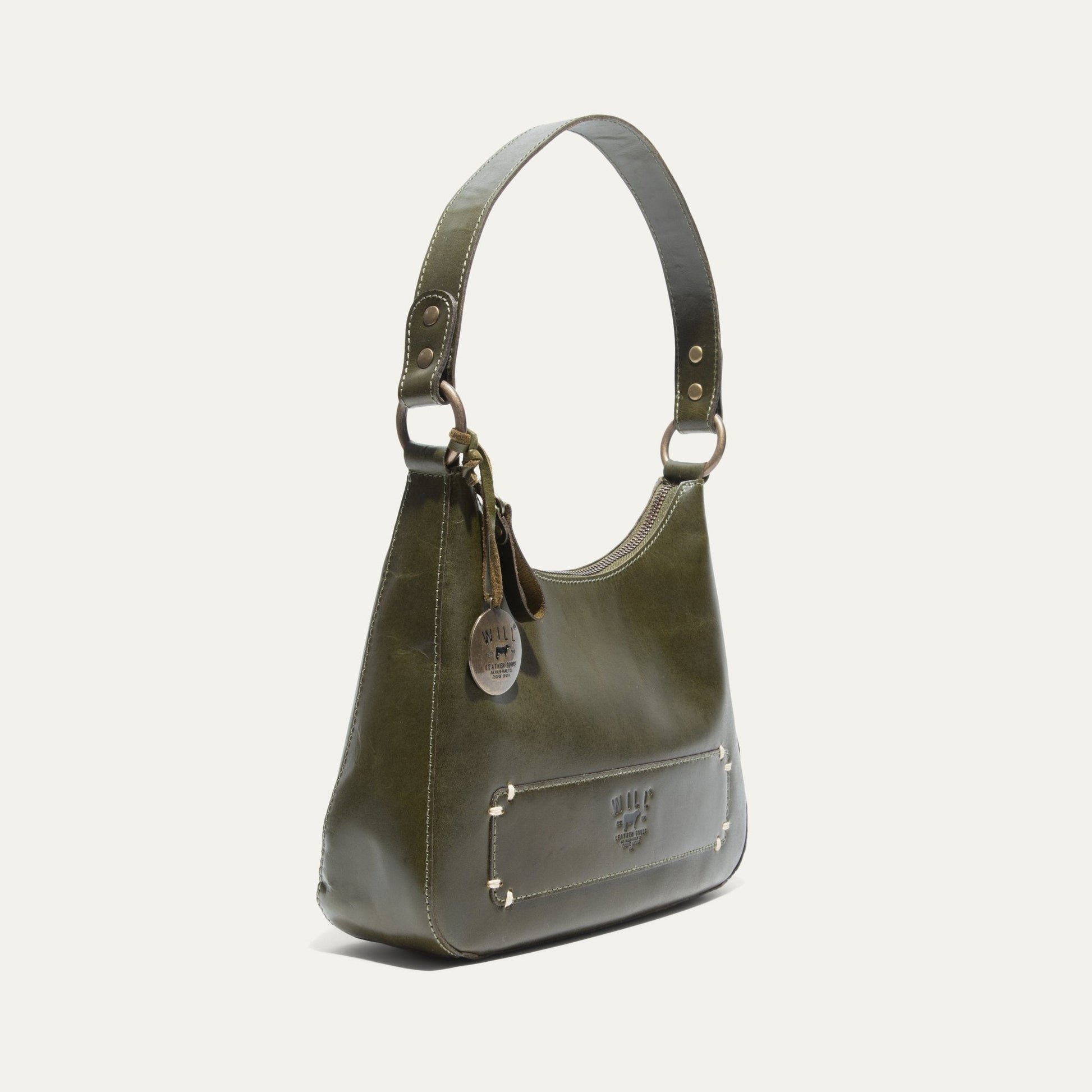 Will Leather Goods Simple Mini Hobo Shoulder bag in olive green leather with brass hardware on Tampa Home & Garden Store