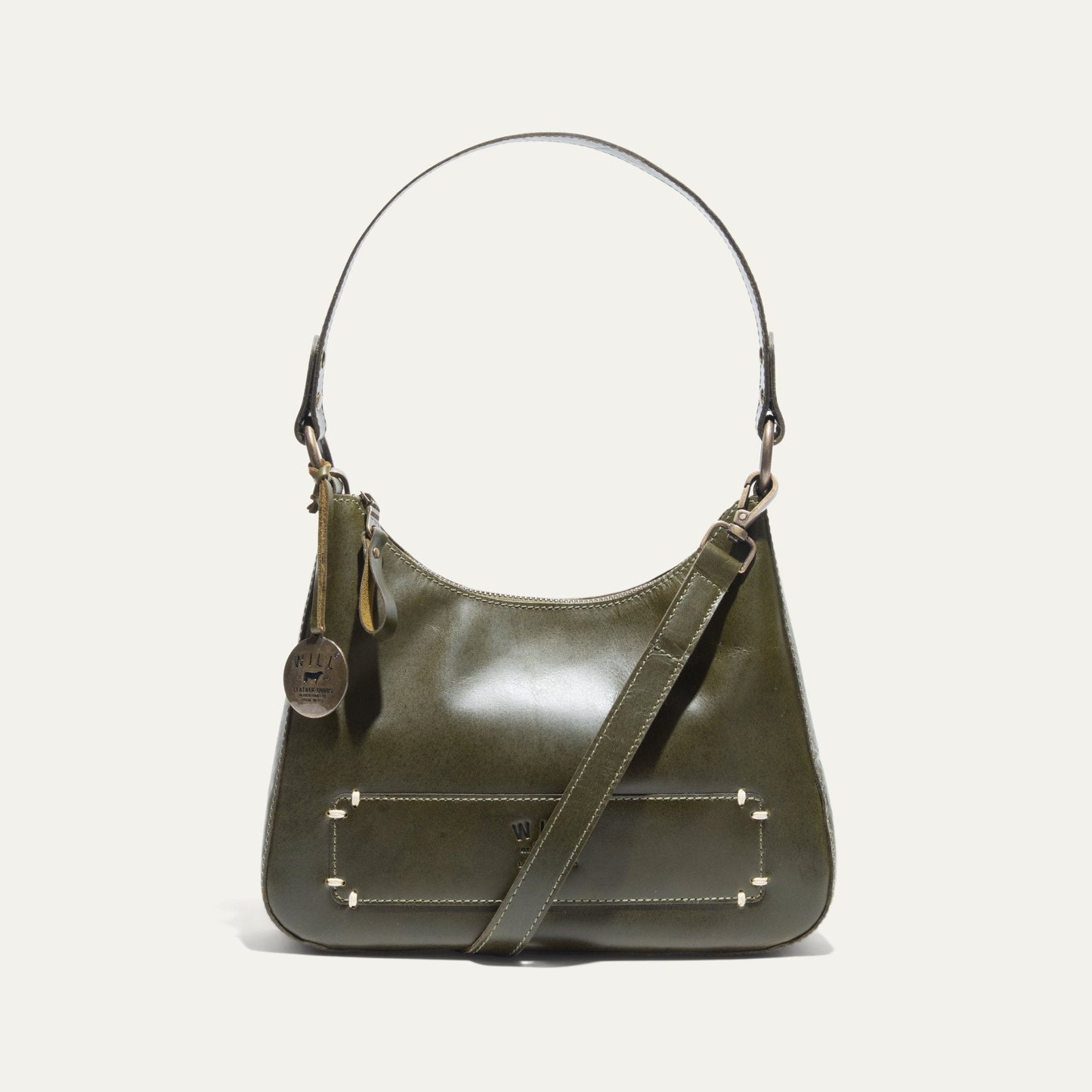 Will Leather Goods Simple Mini Hobo Shoulder bag olive green leather with brass hardware on Tampa Home & Garden Store