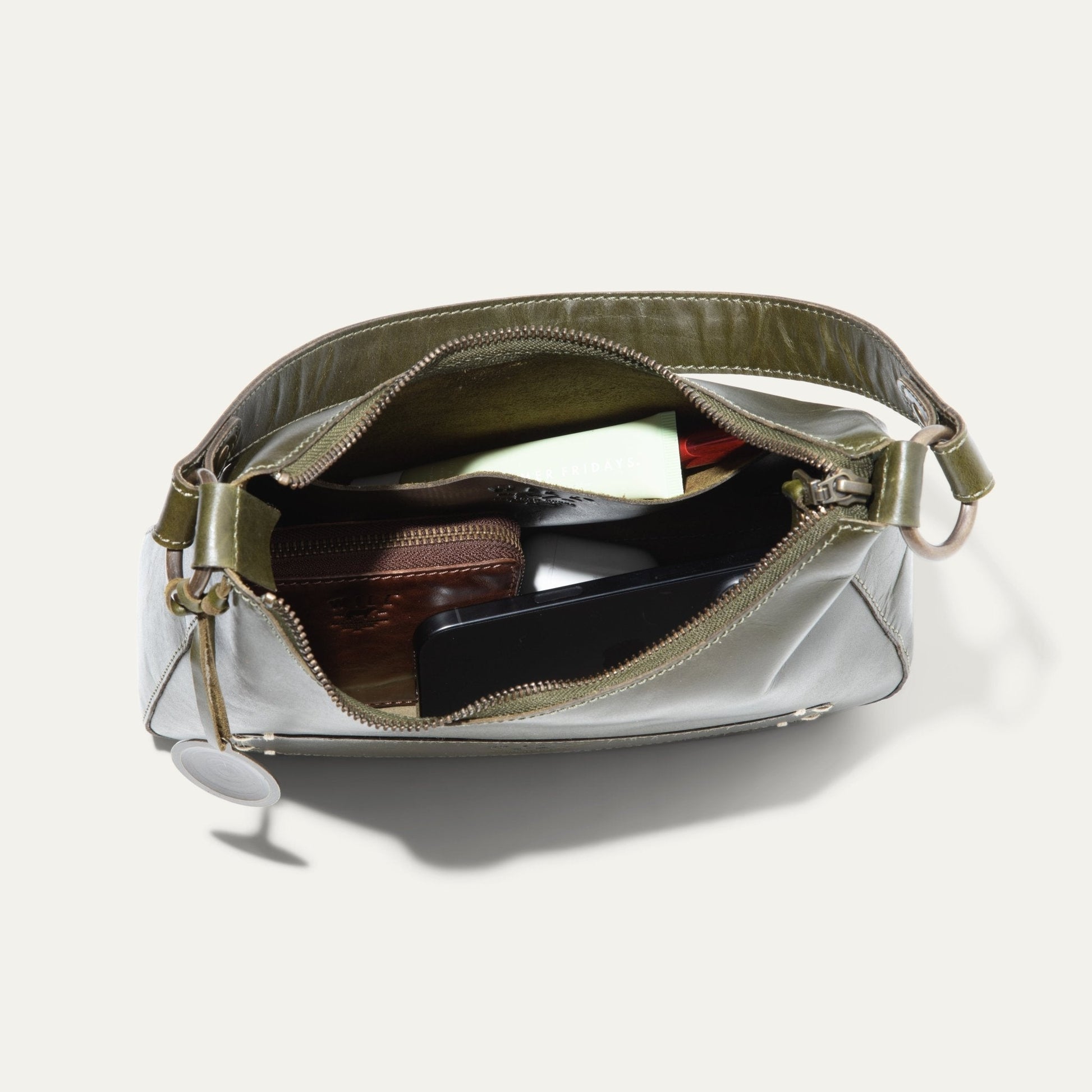 Simple Mini Hobo Shoulder bag by Will Leather Goods in olive green leather with zipper on Tampa Home & Garden Store