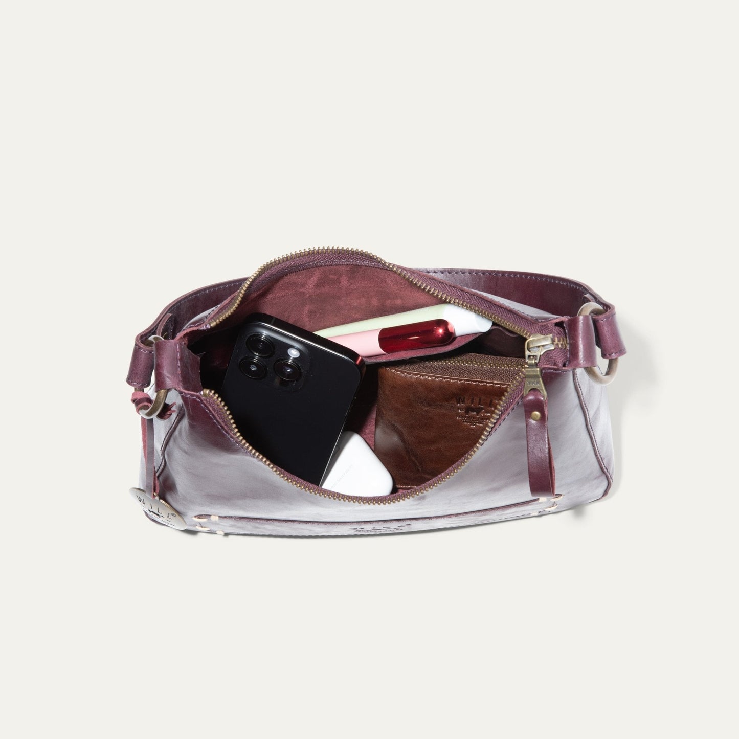Simple Mini Hobo Shoulder bag by Will Leather Goods burgundy leather with phone on Tampa Home & Garden Store