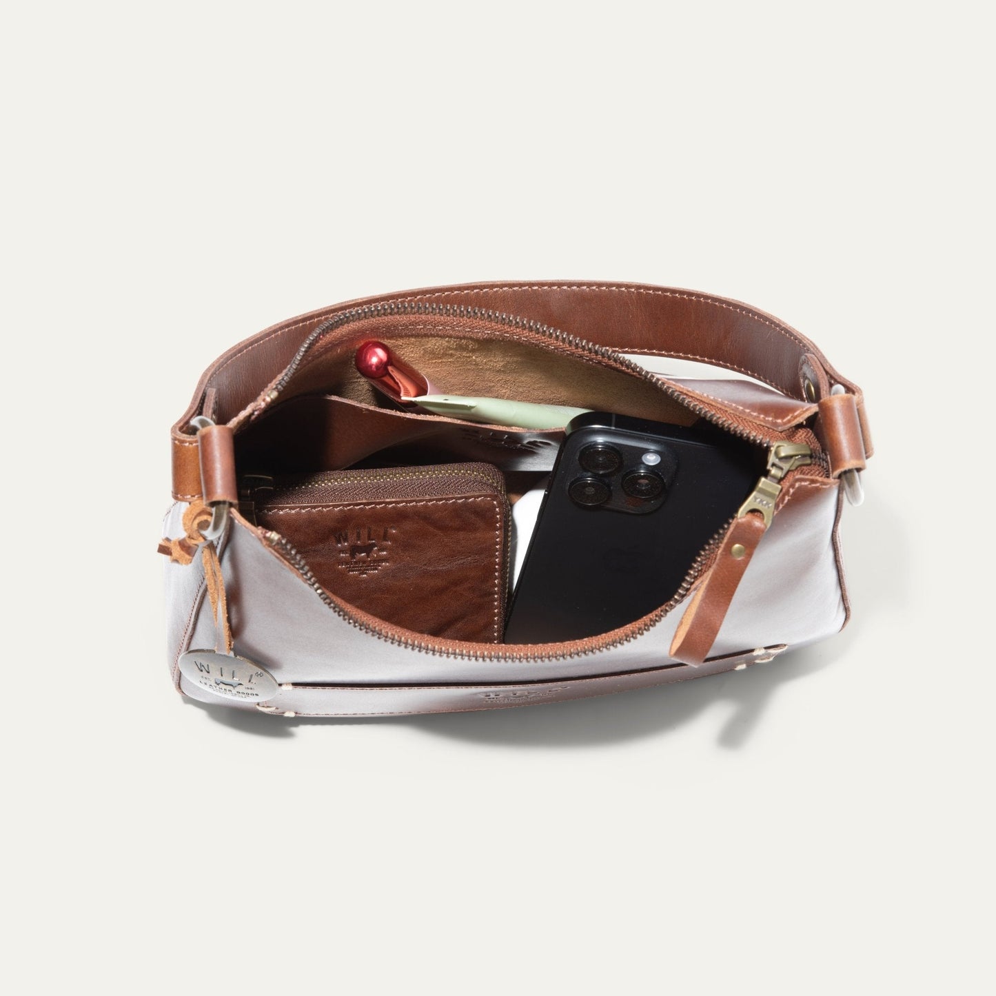 Will Leather Goods Simple Mini Hobo Shoulder bag in brown leather with interior pockets on Tampa Home & Garden Store