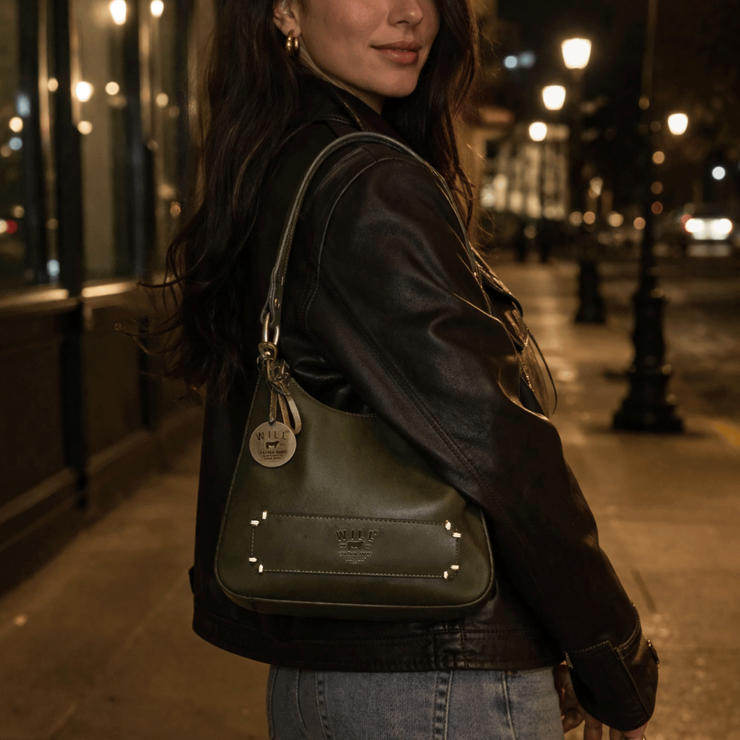 Will Leather Goods Simple Mini Hobo Shoulder bag olive green leather with gray strap on Tampa Home & Garden Store
