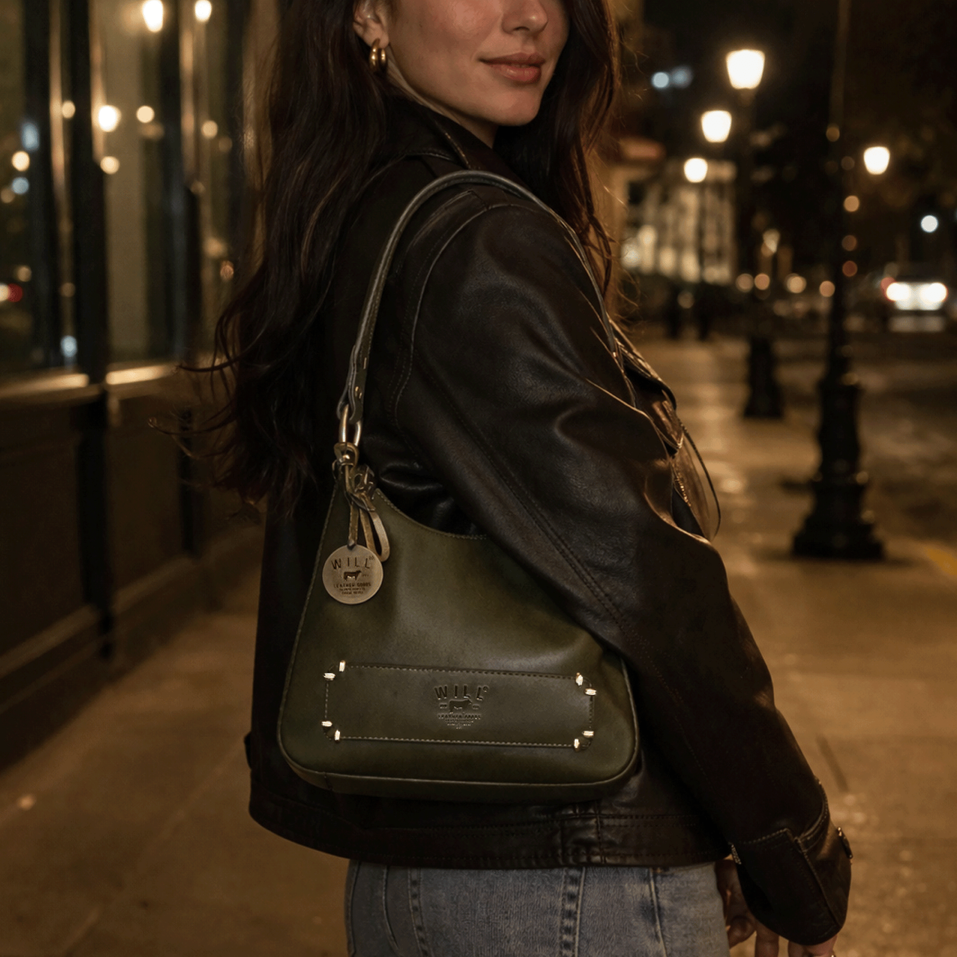 Will Leather Goods Simple Mini Hobo Shoulder bag olive green leather with gray strap on Tampa Home & Garden Store