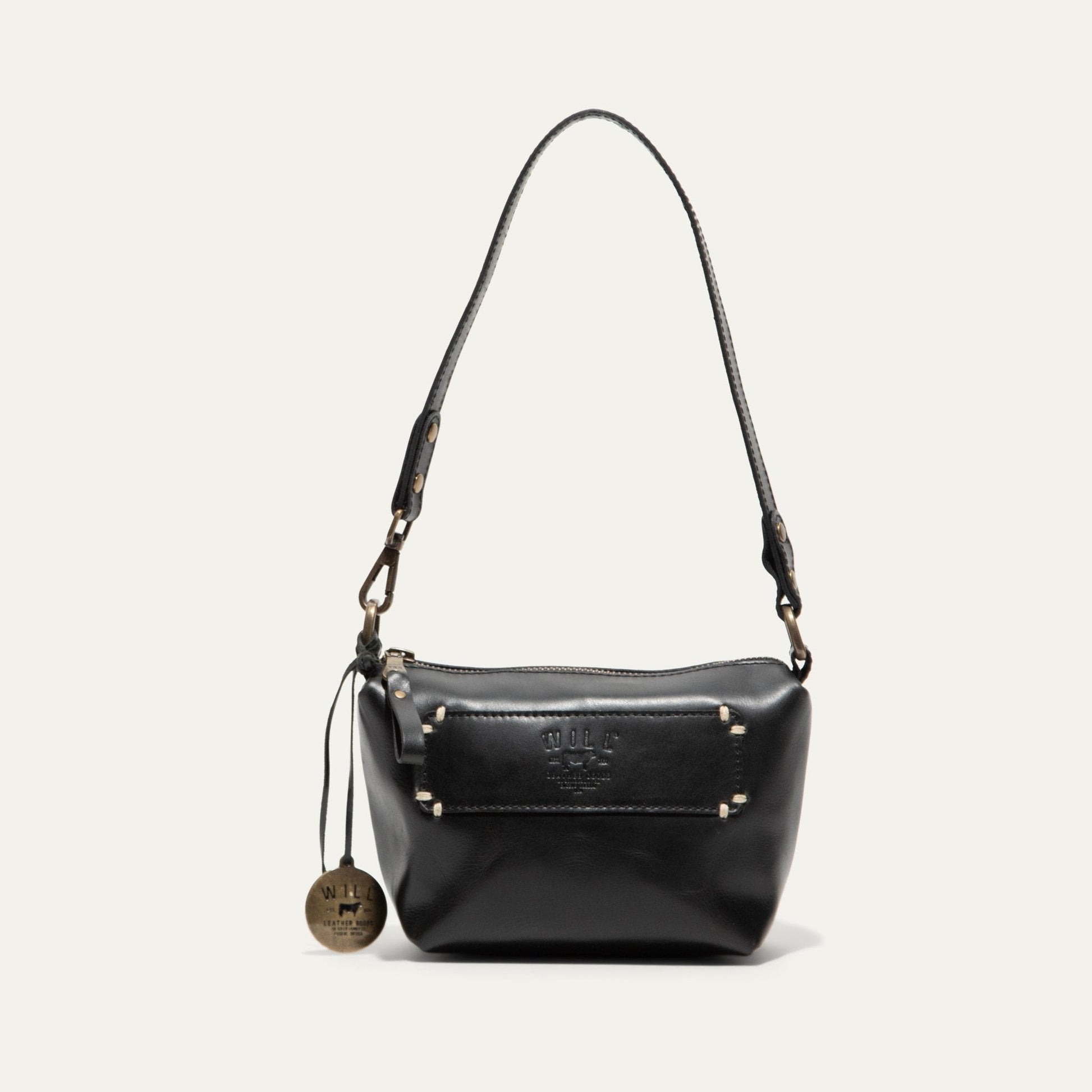 Simple Mini Pouch black leather shoulder bag by Will Leather Goods with brass hardware on Tampa Home & Garden Store