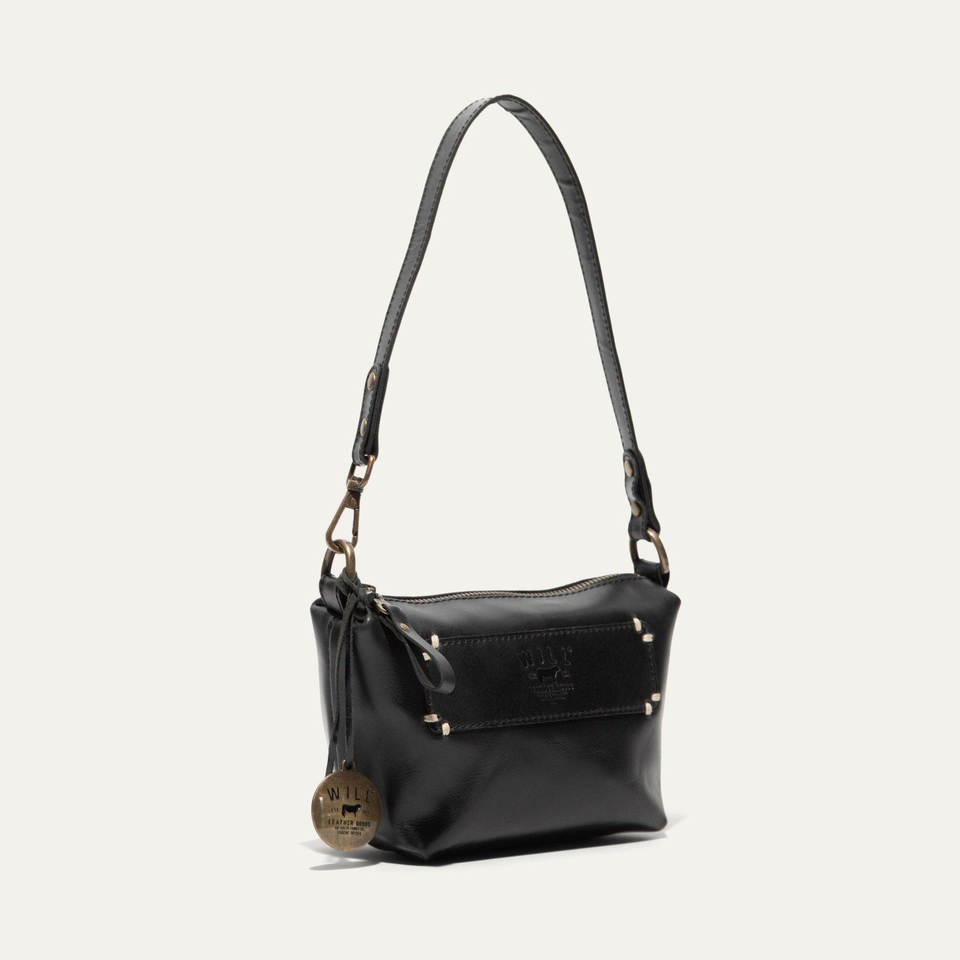 Simple Mini Pouch black leather shoulder bag by Will Leather Goods with brass hardware on Tampa Home & Garden Store