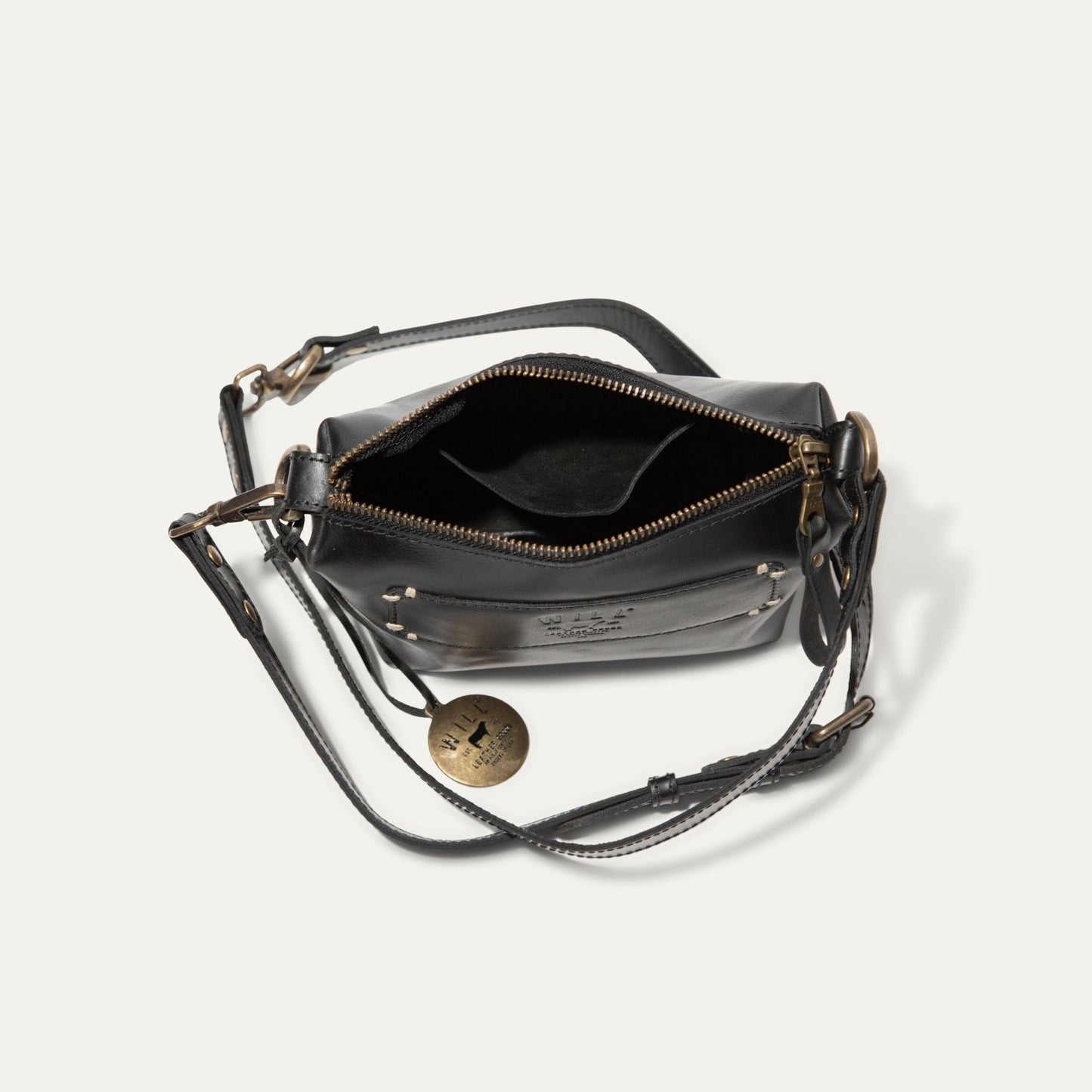 Simple Mini Pouch shoulder bag by Will Leather Goods in black leather with brass hardware on Tampa Home & Garden Store