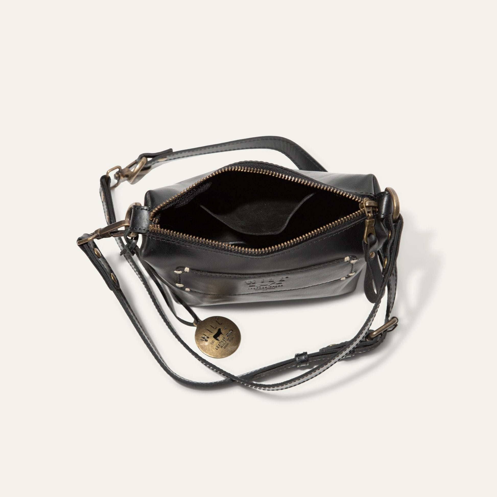 Simple Mini Pouch shoulder bag by Will Leather Goods in black leather with brass hardware on Tampa Home & Garden Store