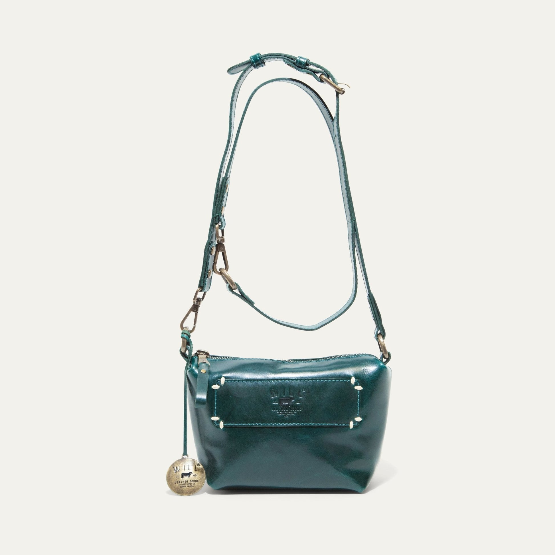 Will Leather Goods Simple Mini Pouch shoulder bag teal leather with brass hardware on Tampa Home & Garden Store