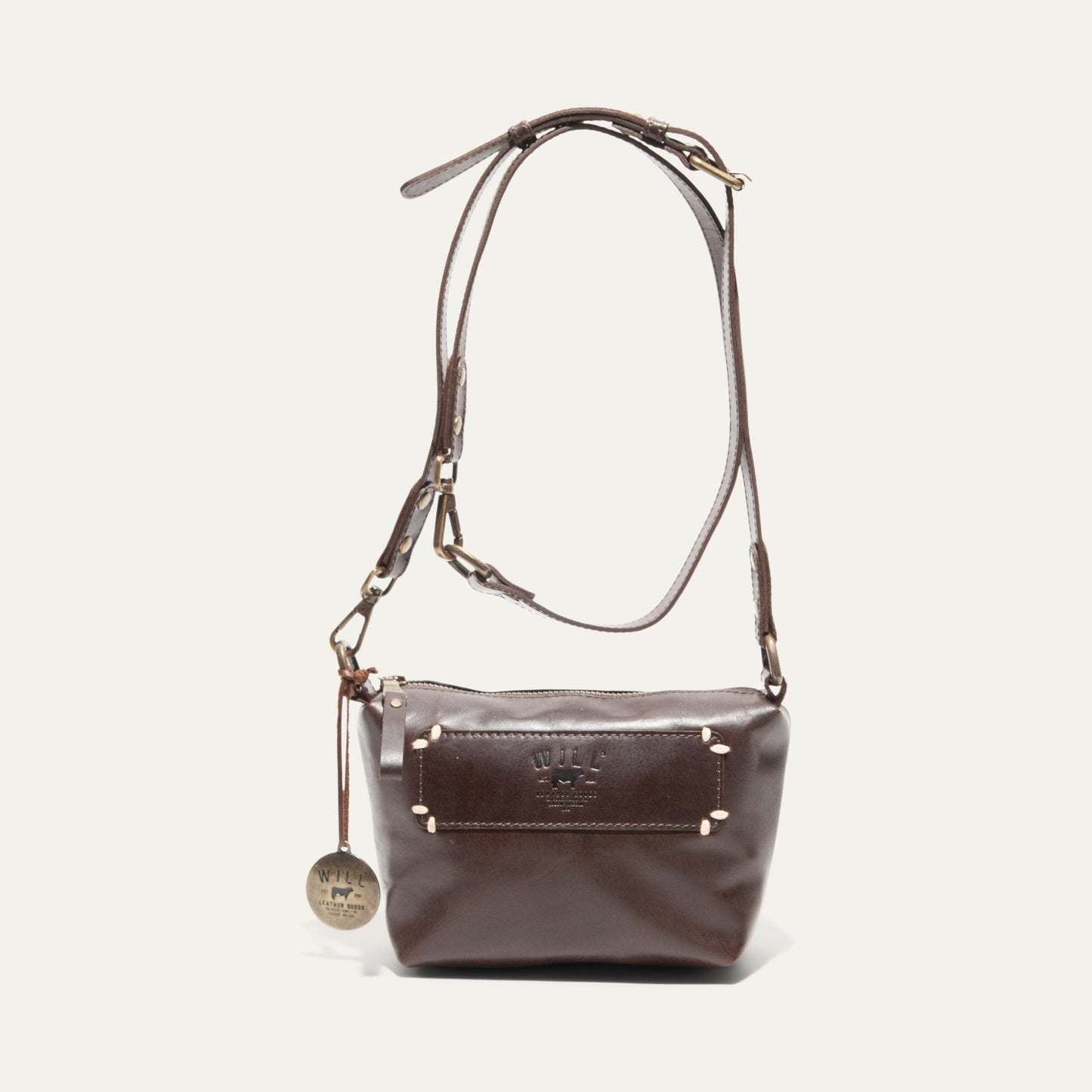 Will Leather Goods Simple Mini Pouch shoulder bag in dark brown leather with adjustable strap on Tampa Home & Garden Store