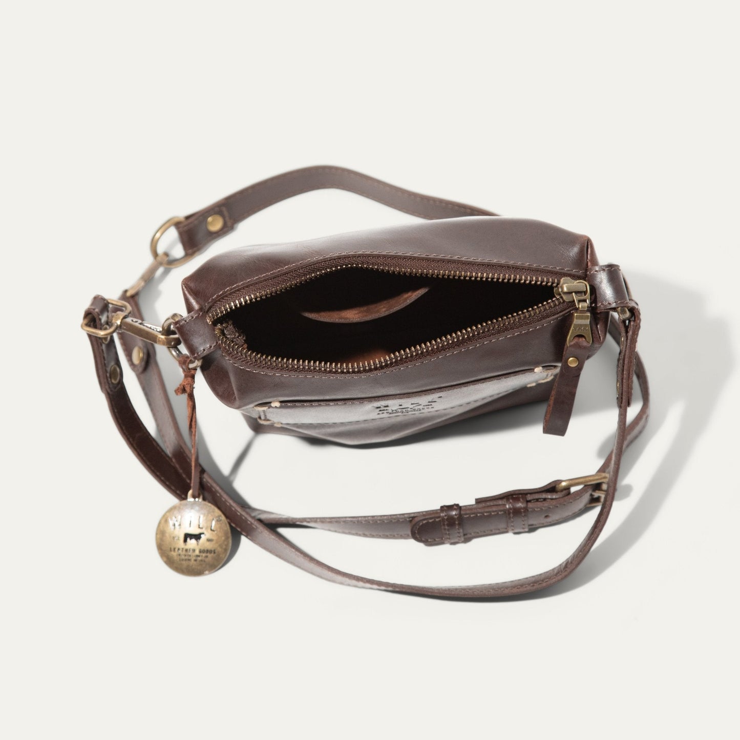Will Leather Goods Simple Mini Pouch brown leather shoulder bag with brass hardware and zipper on Tampa Home & Garden Store