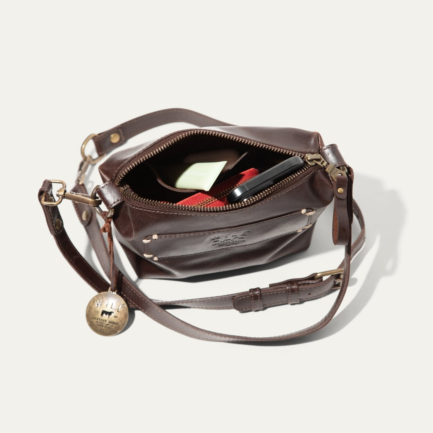 Simple Mini Pouch shoulder bag in brown leather with brass hardware by Will Leather Goods on Tampa Home & Garden Store