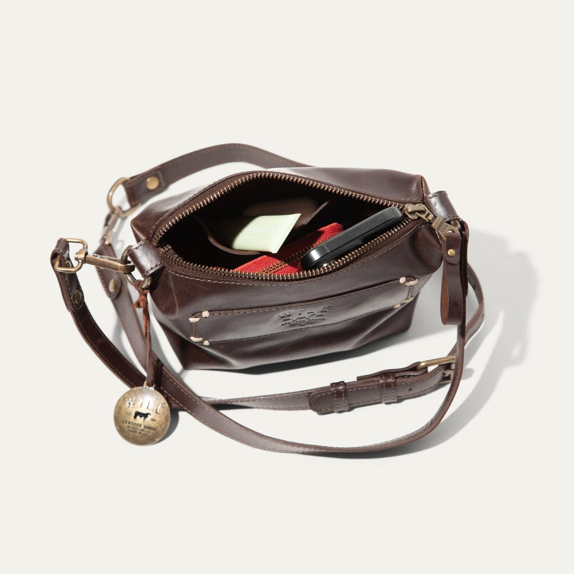 Simple Mini Pouch shoulder bag in brown leather with brass hardware by Will Leather Goods on Tampa Home & Garden Store