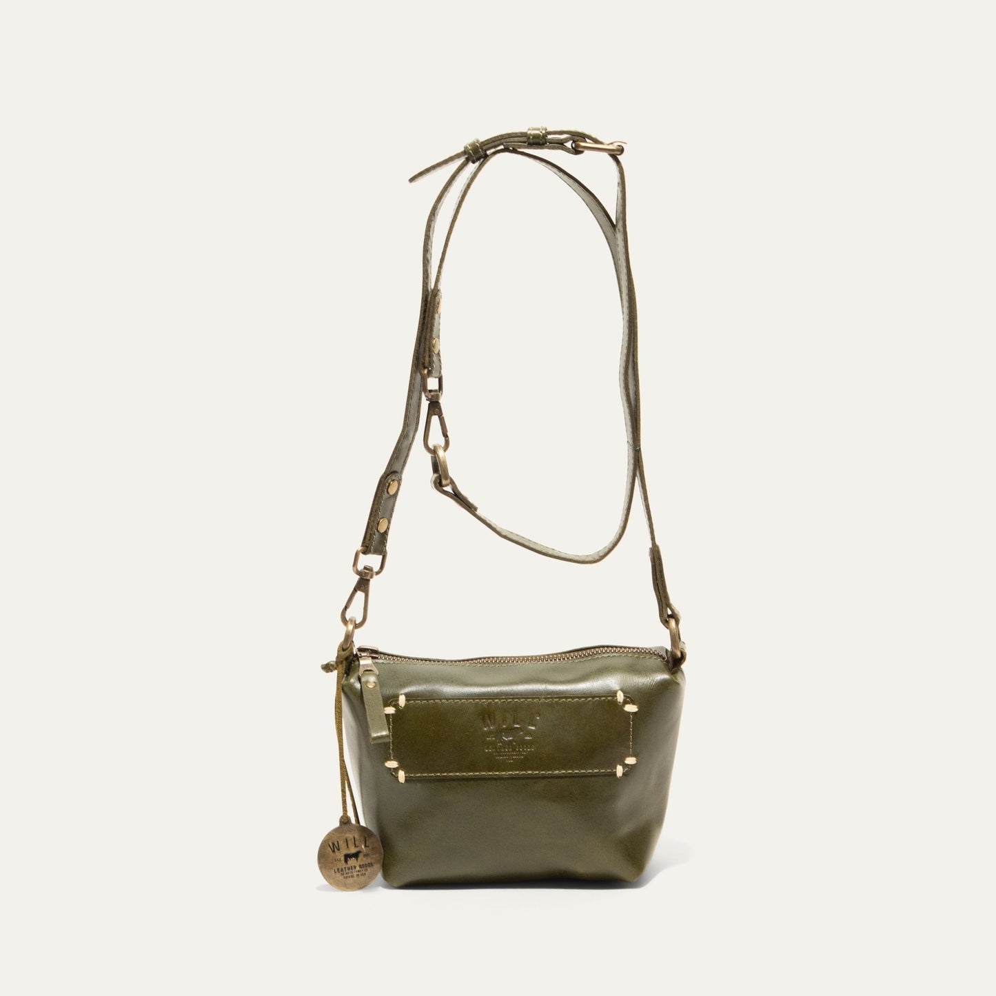 Will Leather Goods Simple Mini Pouch shoulder bag in olive leather with adjustable strap on Tampa Home & Garden Store