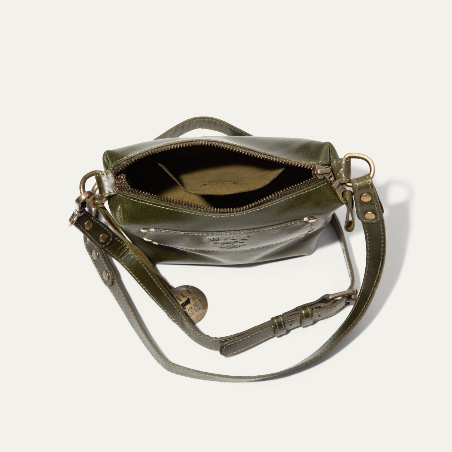 Simple Mini Pouch olive green leather shoulder bag by Will Leather Goods with hardware on Tampa Home & Garden Store