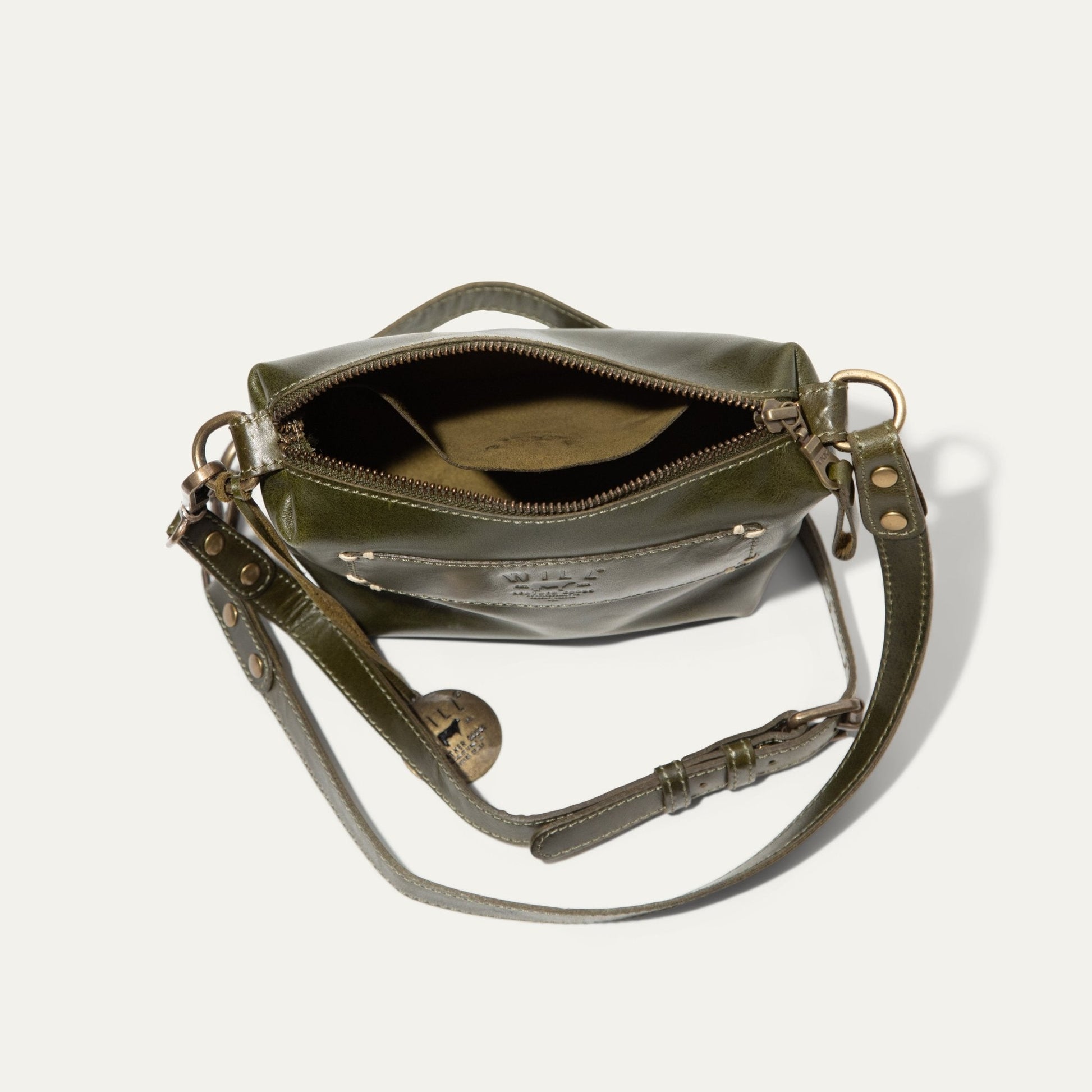 Simple Mini Pouch olive green leather shoulder bag by Will Leather Goods with hardware on Tampa Home & Garden Store