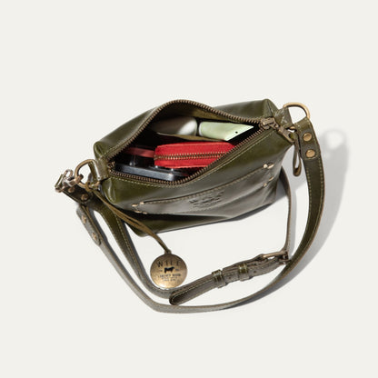 Simple Mini Pouch leather shoulder bag by Will Leather Goods with zipper and red interior on Tampa Home & Garden Store