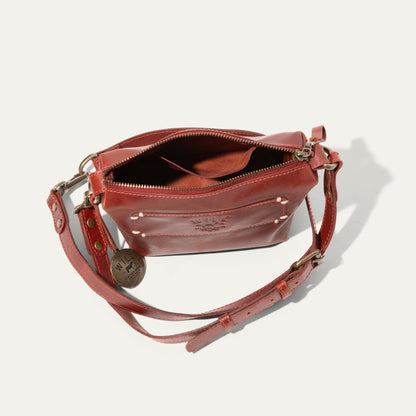 Will Leather Goods Simple Mini Pouch red leather shoulder bag with zipper and brass hardware on Tampa Home & Garden Store