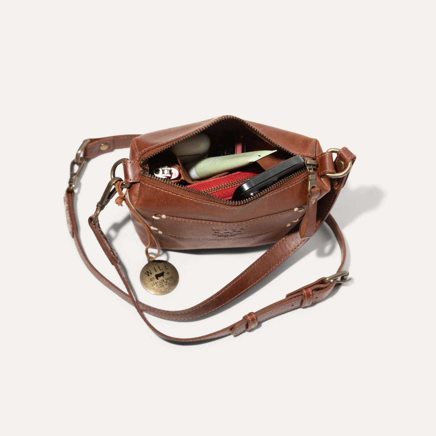 Simple Mini Pouch brown leather shoulder bag by Will Leather Goods with brass hardware on Tampa Home & Garden Store