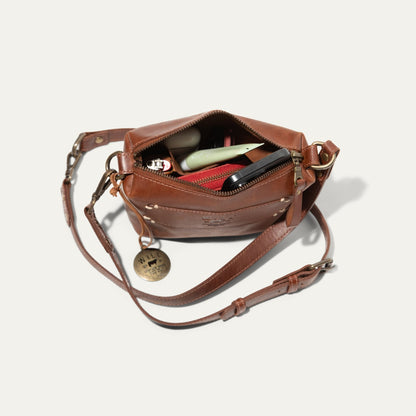 Simple Mini Pouch brown leather shoulder bag by Will Leather Goods with brass hardware on Tampa Home & Garden Store