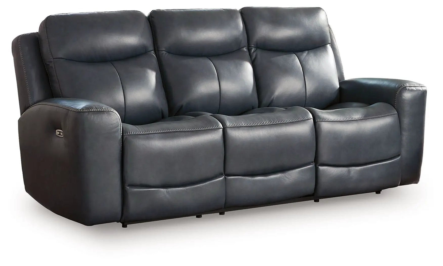 Bexhurst power reclining sofa with adjustable headrest, 3-seat dark blue leather upholstery on Tampa Home & Garden Store