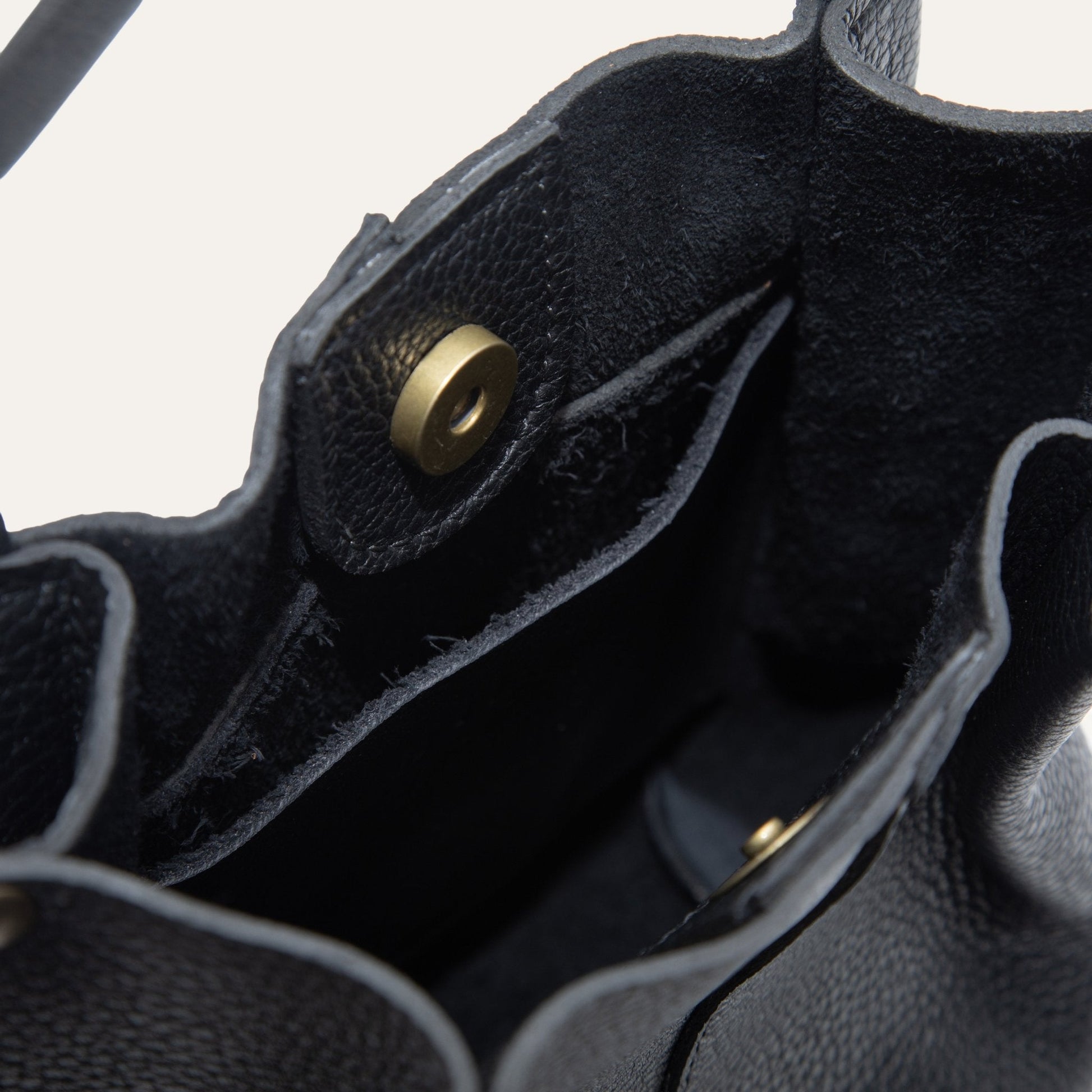 Workshop Bucket Bag by Will Leather Goods, black textured leather with brass hardware on Tampa Home & Garden Store