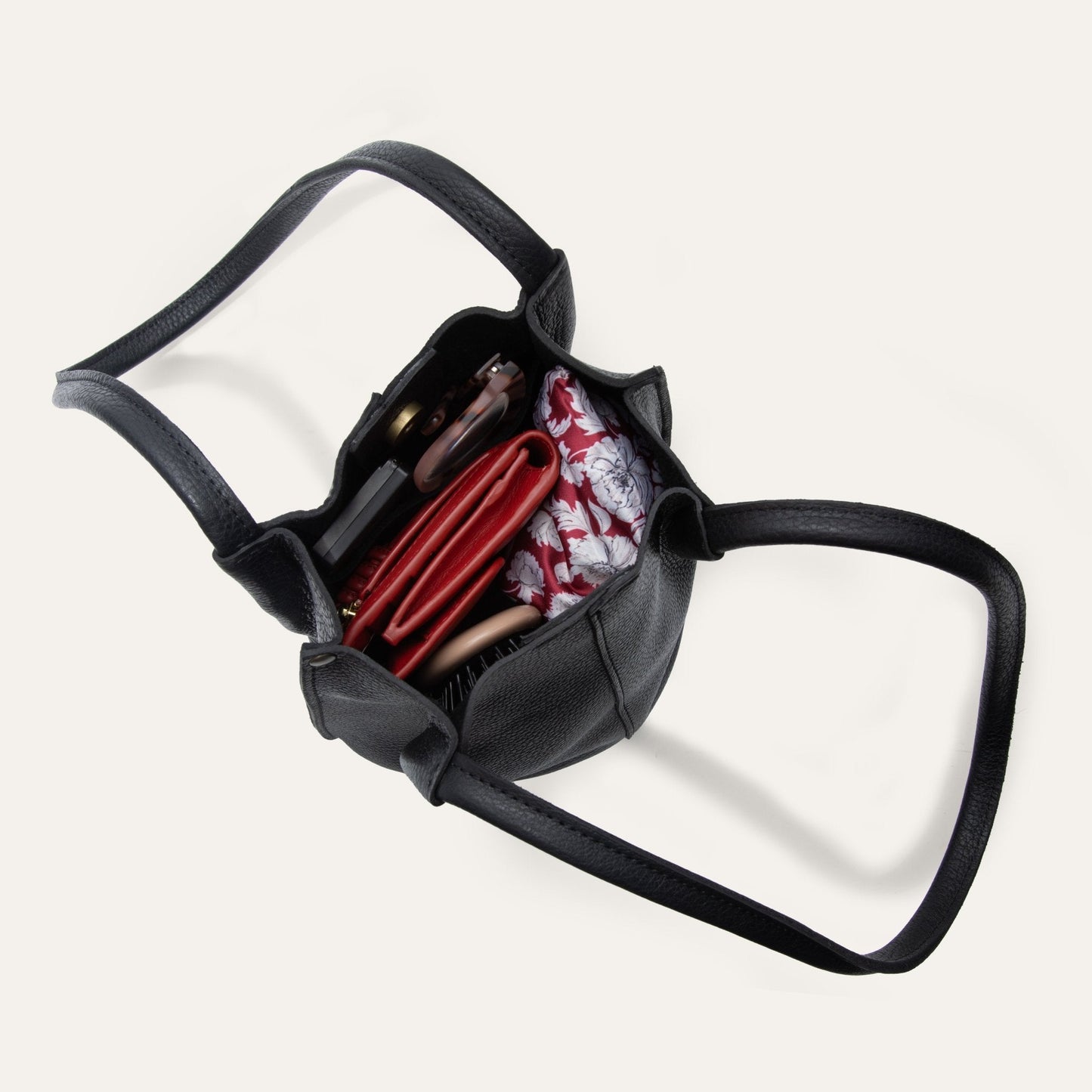 Workshop Bucket Bag by Will Leather Goods, black pebbled leather handbag with red floral lining on Tampa Home & Garden Store
