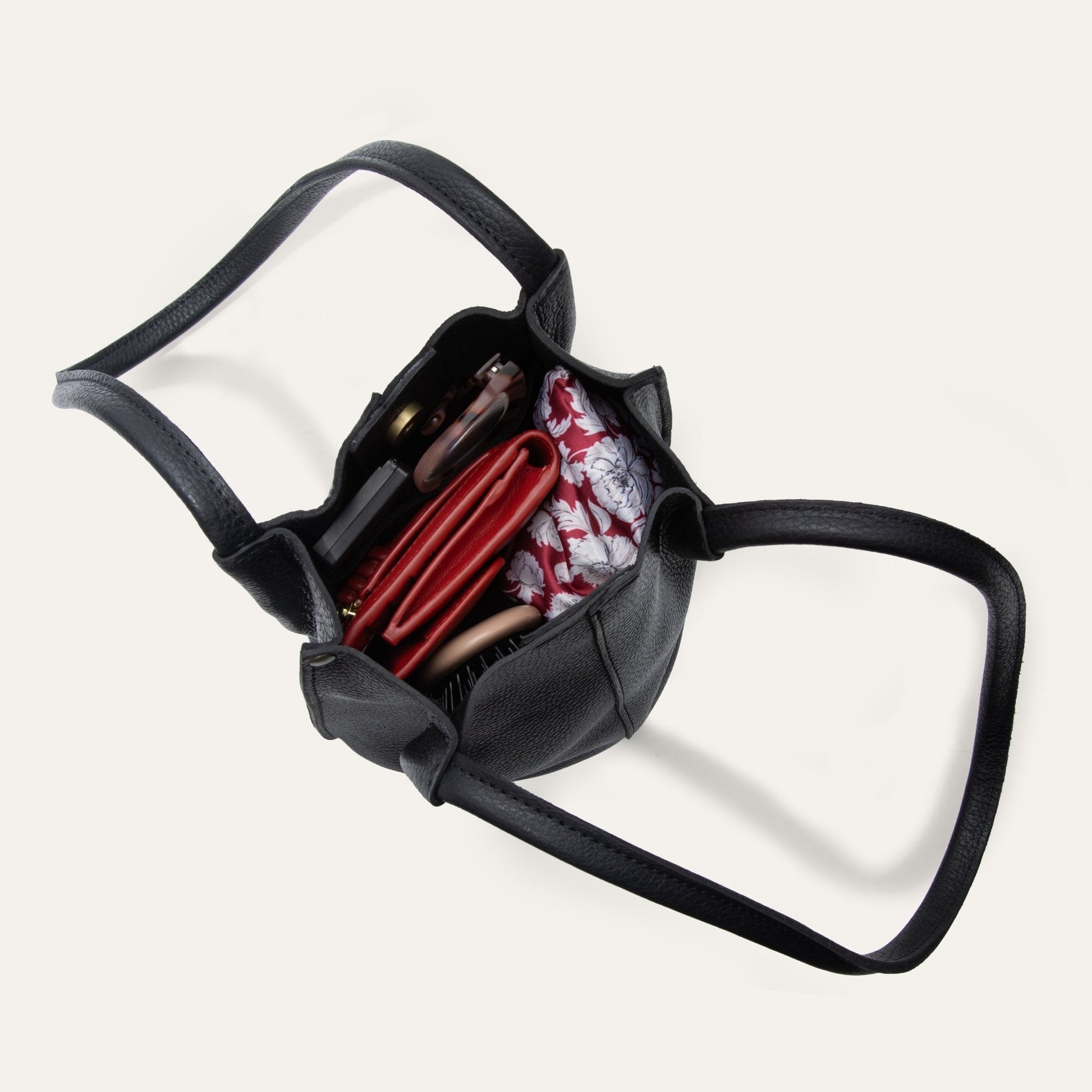 Workshop Bucket Bag by Will Leather Goods, black pebbled leather handbag with red floral lining on Tampa Home & Garden Store