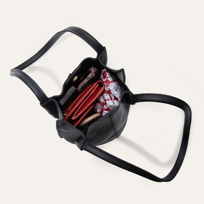 Workshop Bucket Bag by Will Leather Goods, black pebbled leather handbag with red floral lining on Tampa Home & Garden Store