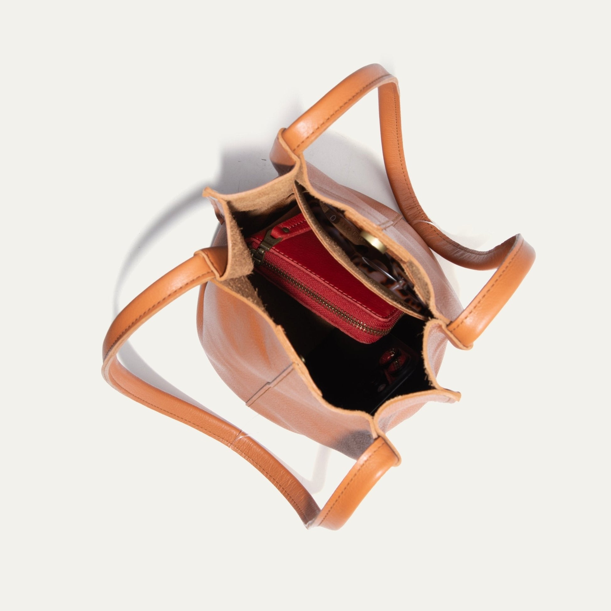 Workshop Bucket Bag tan leather handbag with red interior zipper pocket Will Leather Goods on Tampa Home & Garden Store